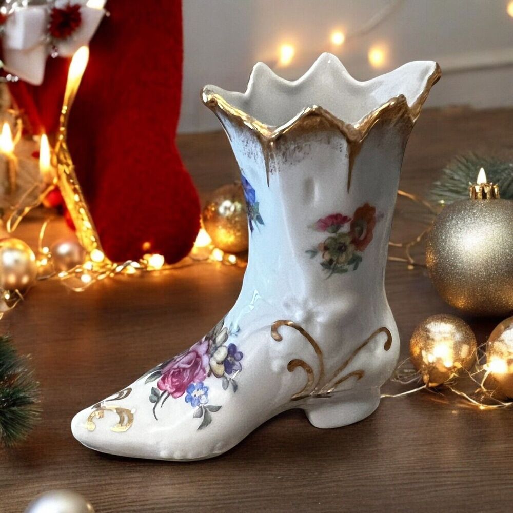 Vintage Elfinware Germany Miniature Boot Shoe Hand Painted Floral Gold Trim